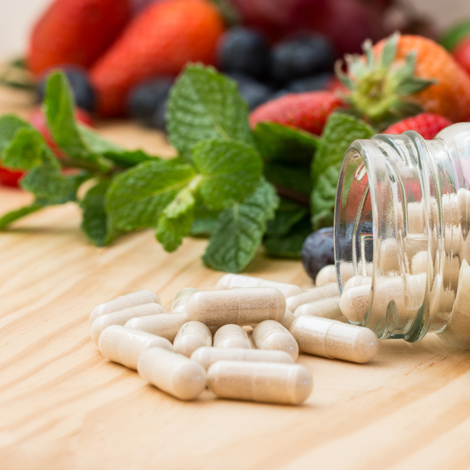 Comparison of healthy plants and vitamin supplements: a plate of fresh vegetables on one side and a bottle of pills on the other, with a question mark in between.