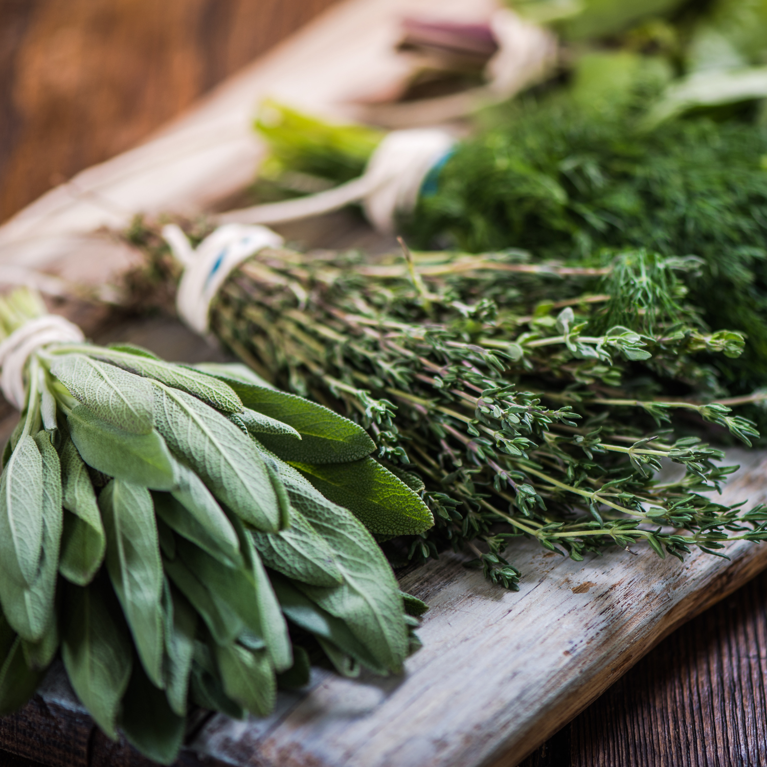 "Herbs for healthy skin" image with turmeric, rosemary, basil, and cilantro on a wooden surface.