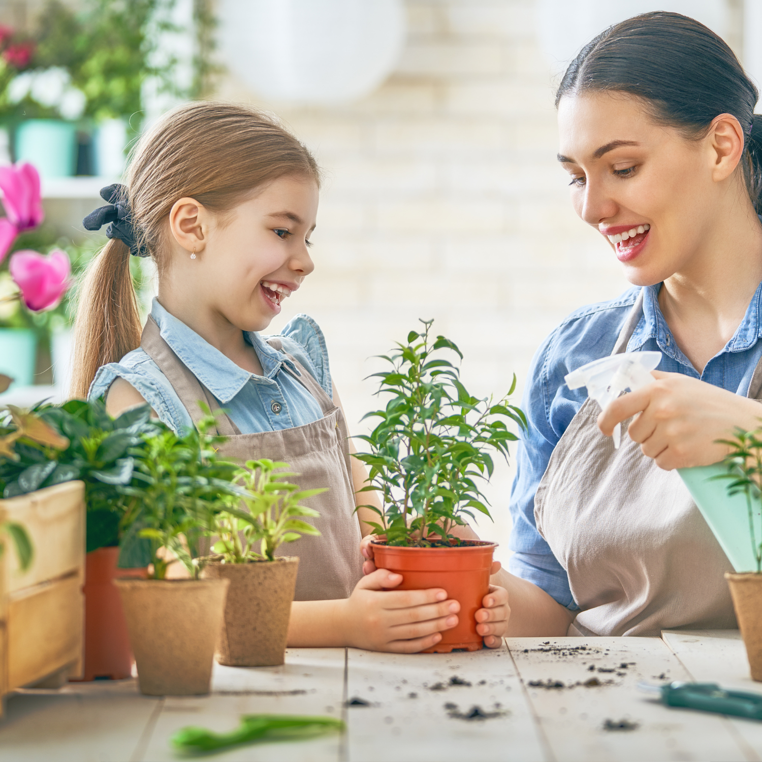 Indoor garden with various plants and flowers in pots on a windowsill