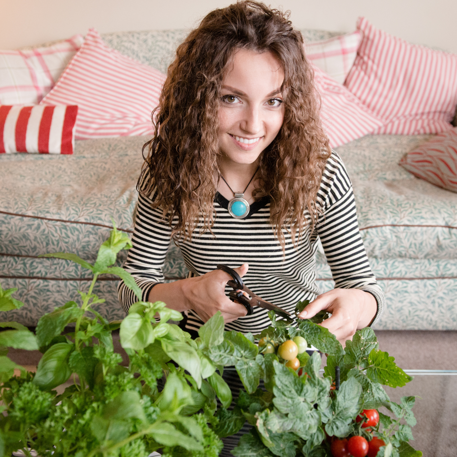 Indoor garden with potted plants and herbs, providing benefits such as improved air quality, reduced stress levels, and fresh organic produce