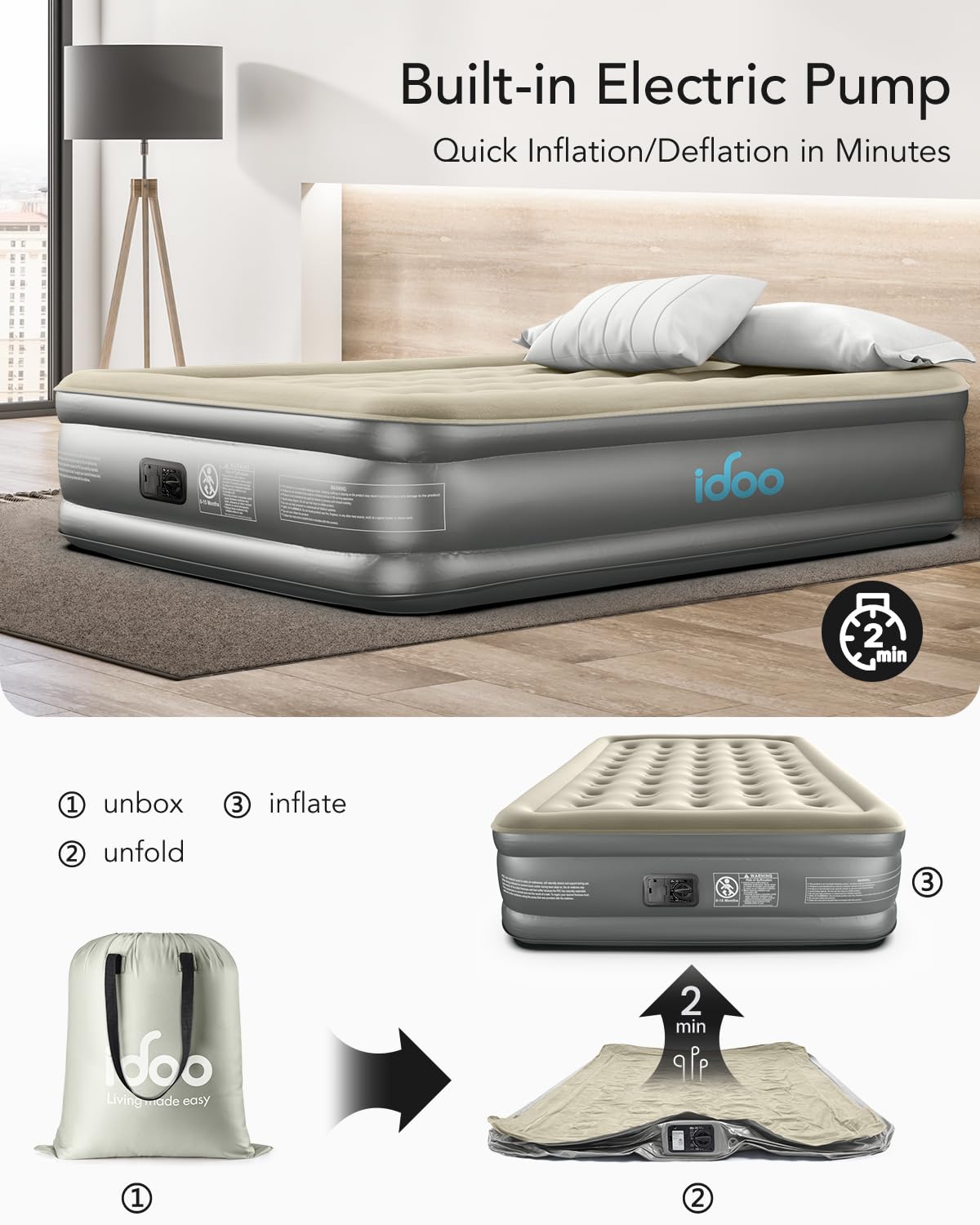 Queen Size 18" Air Mattress with Built in Pump - Air Bed Best Seller by idoo