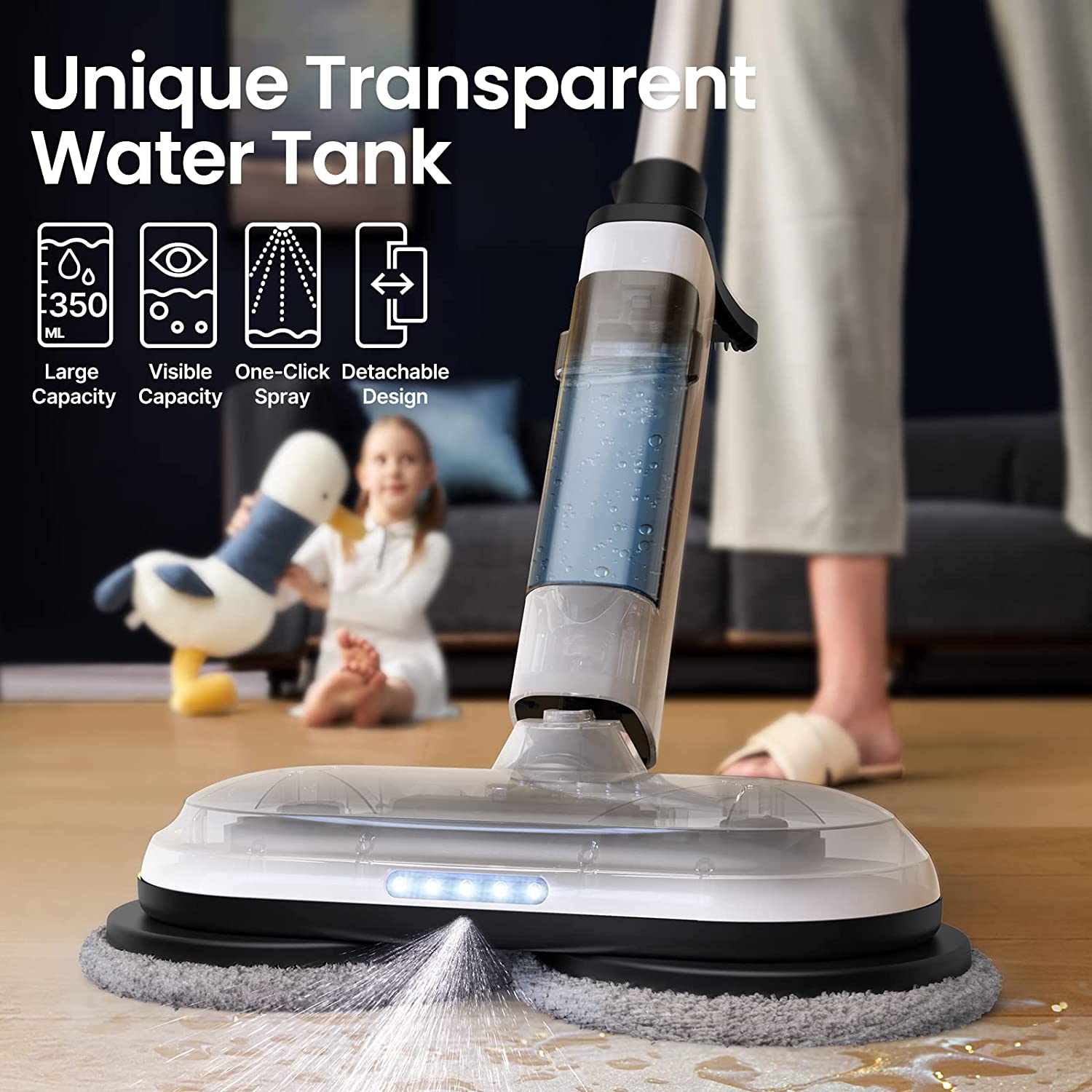 Cordless Self Cleaning Electric Mop with Bucket Water Sprey LED